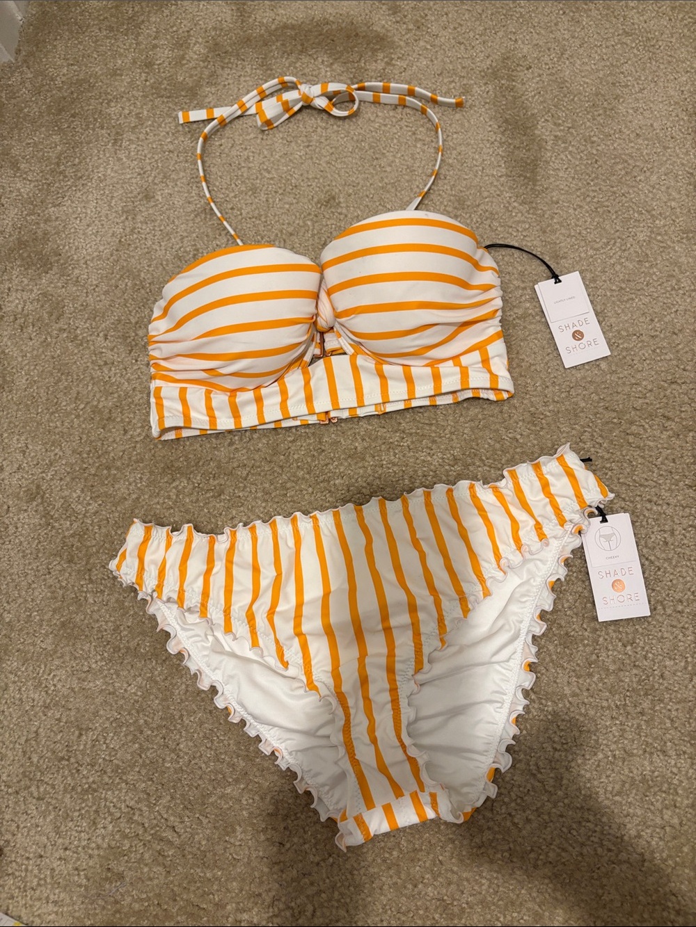 Shade & Shore White and Orange Striped Bikini. Top is 34C. Bottom is large. New!